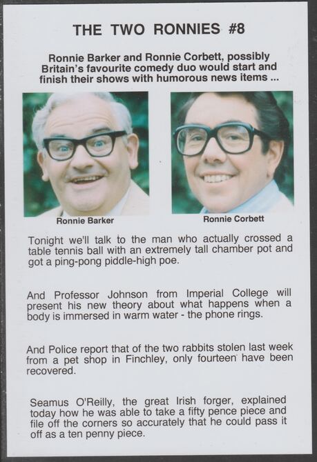 Cinderella - The Two Ronnies #08 Glossy card 150 x 100 mm showing Ronnie B & Ronnie C and 4 of their humorous news items, stamps on personalities, stamps on comedy, stamps on humour