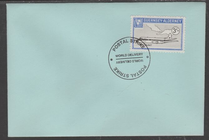 Guernsey - Alderney 1971 POSTAL STRIKE unaddressed cover bearing 3s Viscount cancelled with World Delivery postmark, stamps on aviation, stamps on strike, stamps on viscount