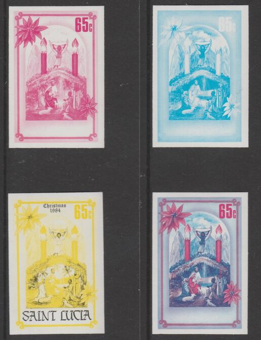 St Lucia 1984 Christmas 65p set of 4 progressive proofs comprising 2 individual colours and 2 two-colour composites (as SG 737) unmounted mint. NOTE - this item has been ..., stamps on christmas