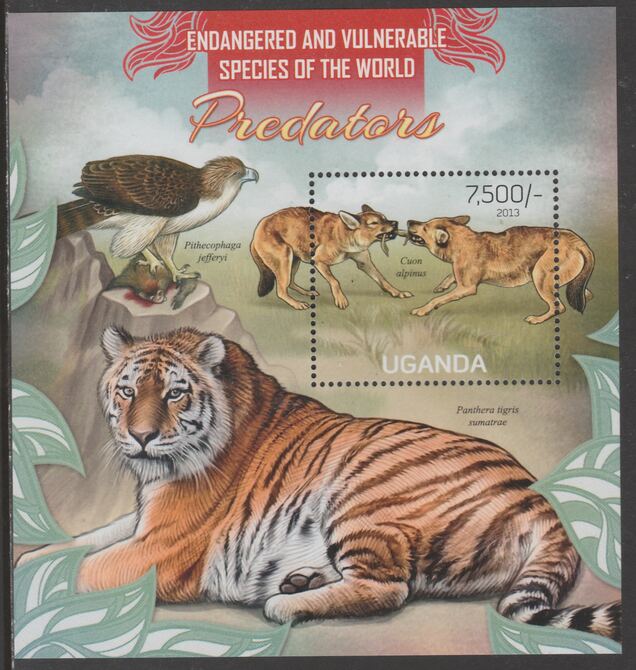 Uganda 2013 Endangered Species - Predators perf souvenir sheet  containing 1 value unmounted mint., stamps on , stamps on  stamps on , stamps on  stamps on  wwf , stamps on  stamps on cats, stamps on  stamps on alligators, stamps on  stamps on birds, stamps on  stamps on tigers