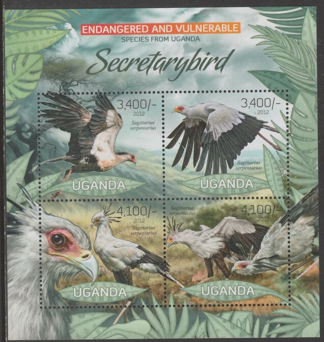 Uganda 2012 Endangered Species - Secretary Bird #2 perf sheetlet containing 4 values unmounted mint., stamps on , stamps on  wwf , stamps on birds