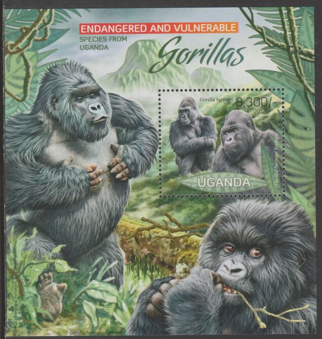 Uganda 2012 Endangered Species - Gorillas perf souvenir sheet  containing 1 value unmounted mint., stamps on , stamps on  wwf , stamps on egorillas, stamps on primates