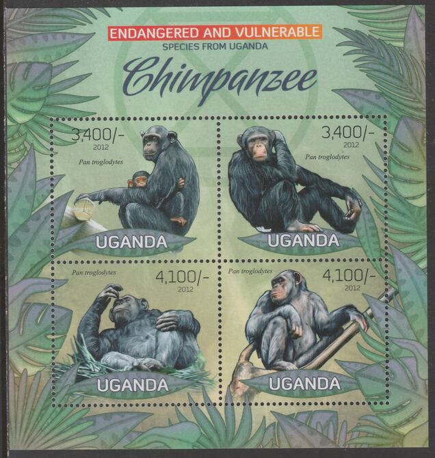 Uganda 2012 Endangered Species - Chimpanzee perf sheetlet containing 4 values unmounted mint., stamps on , stamps on  wwf , stamps on chimps, stamps on chimpanzees, stamps on primates