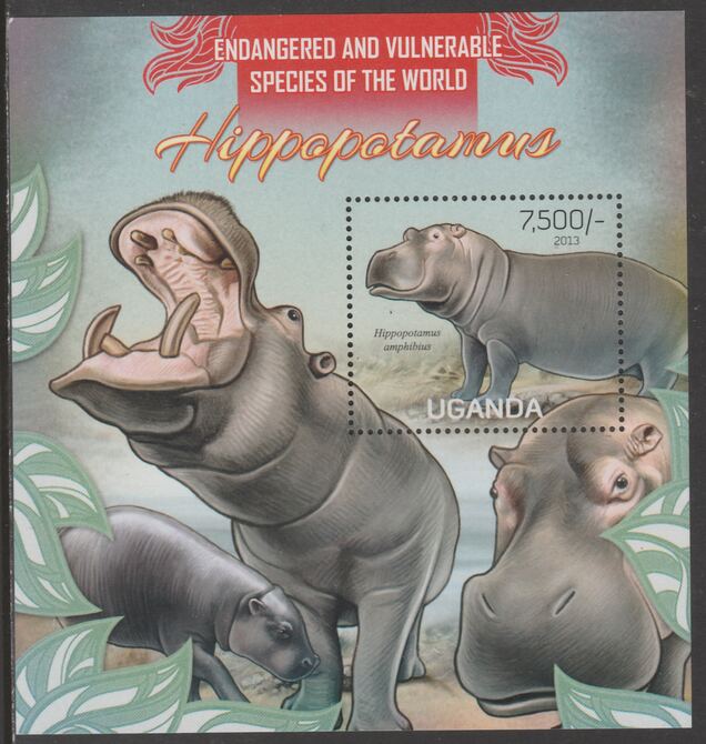 Uganda 2013 Endangered Species - Hippos perf souvenir sheet  containing 1 value unmounted mint., stamps on , stamps on  wwf , stamps on hippos