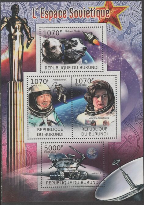 Burundi 2012 Soviet Space perf sheetlet containing 4 values unmounted mint., stamps on space, stamps on dogs, stamps on satellites