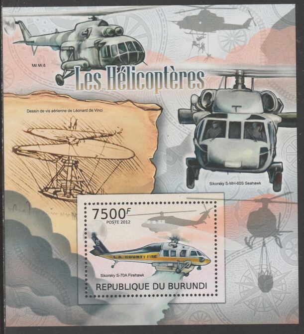 Burundi 2012 Helicopters perf souvenir sheet  containing 1 value unmounted mint.t., stamps on aviation, stamps on helicopters, stamps on leonardo