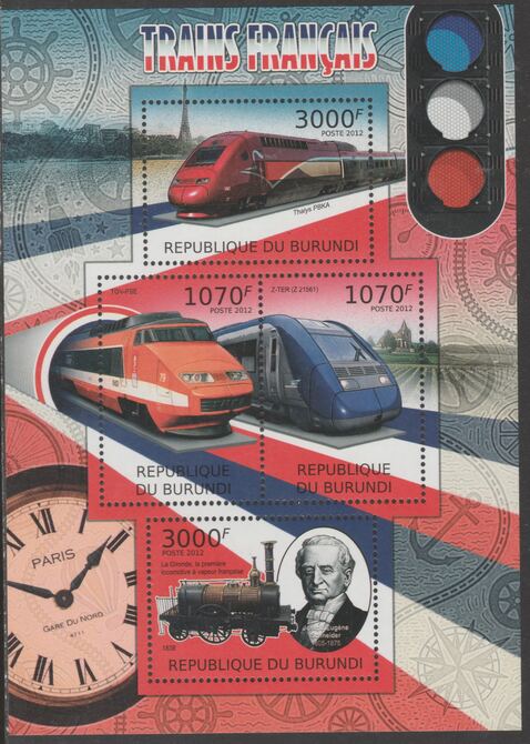Burundi 2012 French Trains perf sheetlet containing 4 values unmounted mint., stamps on railways, stamps on clocks