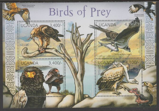 Uganda 2012 Birds of Prey perf sheetlet containing 4 values unmounted mint., stamps on , stamps on  stamps on birds of prey, stamps on  stamps on eagles, stamps on  stamps on osprey, stamps on  stamps on vulture