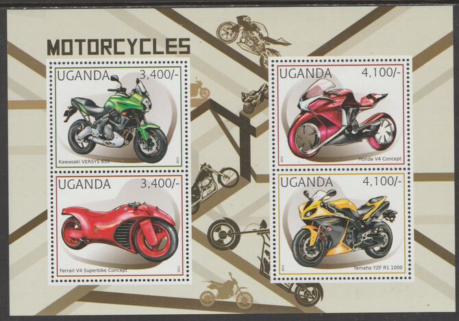 Uganda 2012 Motorcycles perf sheetlet containing 4 values unmounted mint., stamps on transport, stamps on motorcycles