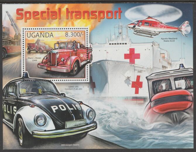 Uganda 2012 Special Transport perf souvenir sheet  containing 1 value unmounted mint.t.., stamps on , stamps on  stamps on transport, stamps on  stamps on ambulances, stamps on  stamps on red cross, stamps on  stamps on fire, stamps on  stamps on police, stamps on  stamps on cars, stamps on  stamps on ships, stamps on  stamps on helicopters