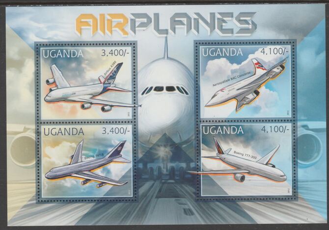 Uganda 2012 Airplanes perf sheetlet containing 4 values unmounted mint., stamps on transport, stamps on aviation, stamps on concorde, stamps on boeing, stamps on airbus
