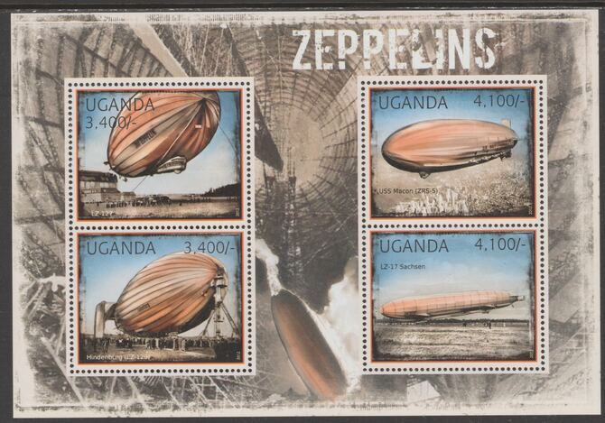 Uganda 2012 Zeppelins perf sheetlet containing 4 values unmounted mint., stamps on transport, stamps on aviation, stamps on zeppelins, stamps on hindemburg