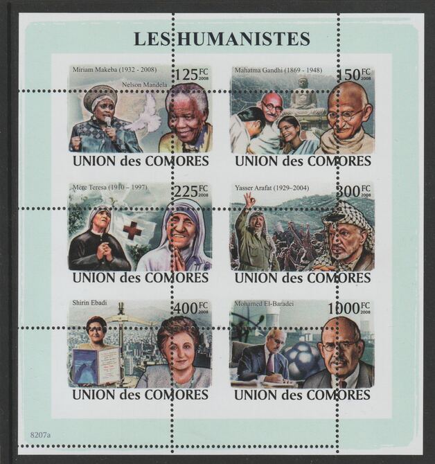 Comoro Islands 2008  Humanists sheetlet containg 6 value with vertical and horizontal perforations grossly misplaced, unmounted mint, stamps on , stamps on  stamps on personalities, stamps on  stamps on teresa, stamps on  stamps on mandela, stamps on  stamps on gandhi, stamps on  stamps on arafat, stamps on  stamps on 
