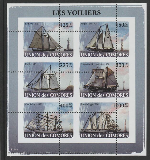 Comoro Islands 2008  Sailing Ships sheetlet containg 6 value with vertical and horizontal perforations grossly misplaced, unmounted mint, stamps on , stamps on  stamps on ships, stamps on  stamps on lighthouses