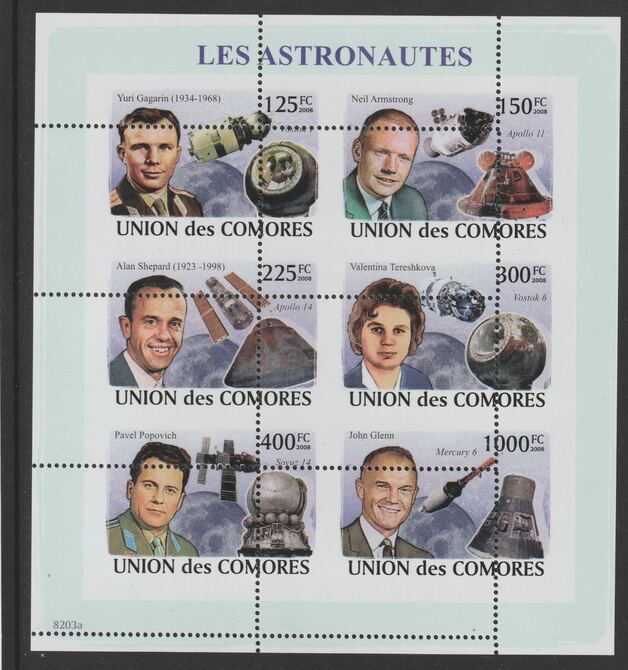 Comoro Islands 2008  Astronauts sheetlet containg 6 value with vertical and horizontal perforations grossly misplaced, unmounted mint, stamps on personalities, stamps on astronauts, stamps on space, stamps on gagarin, stamps on armstrong, stamps on shepard, stamps on glenn