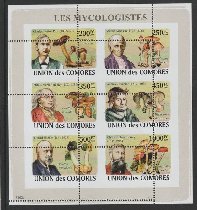 Comoro Islands 2009 Mycologists (Fungi) sheetlet containg 6 value with vertical and horizontal perforations grossly misplaced, unmounted mint, stamps on personalities, stamps on micologists, stamps on fungi