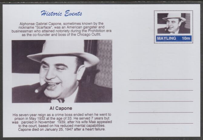 Mayling (Fantasy) Historic Events - Al Capone - glossy postal stationery card unused and fine, stamps on personalities, stamps on mafia, stamps on capone