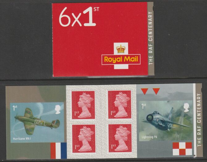 Great Britain 2018 RAF Centenary Booklet with 4 x 1st class definitives plus 2 x Aircraft stamps SG PM59, stamps on aviation, stamps on  raf , stamps on hurricane, stamps on lightening