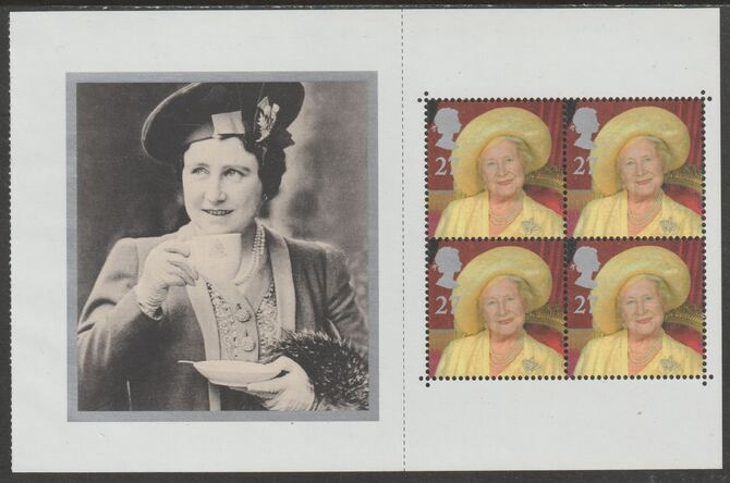 Great Britain 2000 Queen Mother Booklet pane containing 4 x Queen Mother stamps with photograph unmounted mint ex SG DX25 Prestige Booklet, stamps on royalty, stamps on queen mother