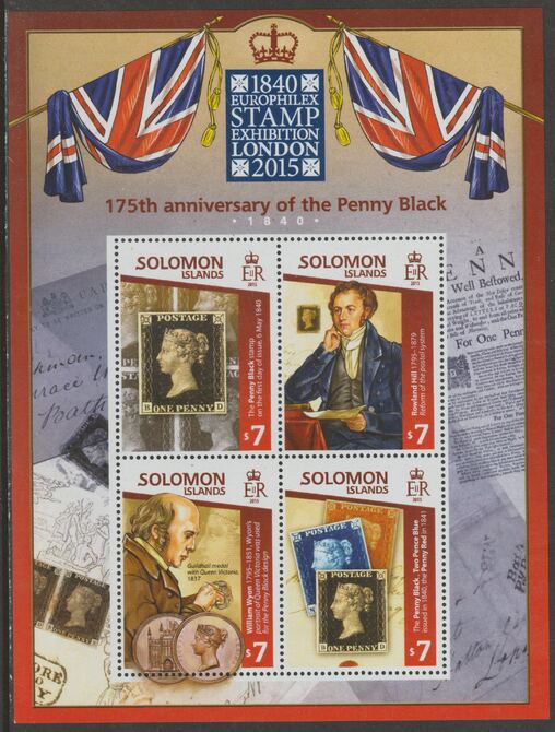 Solomon Islands 2015 Europhilex Stamp Exhibition - Penny Black  perf sheetlet containing 4 values  unmounted mint, stamps on stampex, stamps on stamp exhibitions, stamps on penny black, stamps on stamp on stamp, stamps on flags