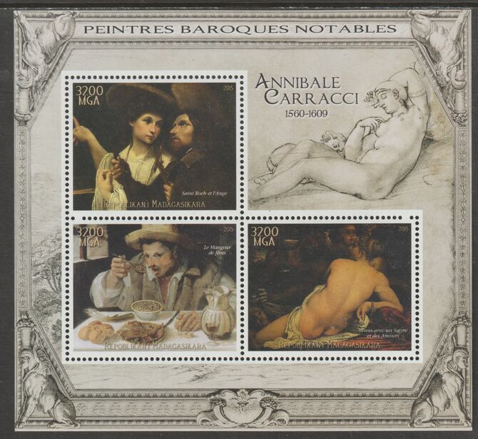 Madagascar 2015 Baraque Painters - Annibale Carracci perf sheetlet containing 3 values unmounted mint, stamps on , stamps on  stamps on arts, stamps on  stamps on paintings, stamps on  stamps on baroque, stamps on  stamps on carracci