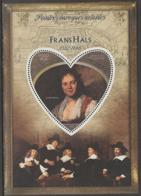 Madagascar 2015 Baraque Painters - Frans Hals perf deluxe sheet containing one heart shaped value unmounted mint, stamps on arts, stamps on paintings, stamps on baroque, stamps on hals, stamps on heart, stamps on shaped