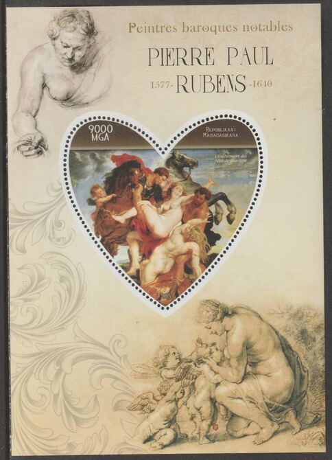 Madagascar 2015 Baraque Painters - Peter Paul Rubens perf deluxe sheet containing one heart shaped value unmounted mint, stamps on arts, stamps on paintings, stamps on baroque, stamps on rubens, stamps on heart, stamps on shaped