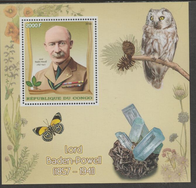 Congo 2016 Lord Baden Powell perf m/sheetlet #1 containing one value unmounted mint, stamps on scouts, stamps on personalities, stamps on powell, stamps on owls, stamps on butterflies, stamps on minerals