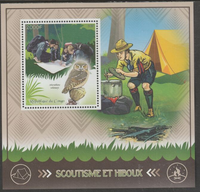 Congo 2015 Scouts & Owls perf m/sheetlet #2 containing one value unmounted mint, stamps on , stamps on  stamps on scouts, stamps on  stamps on birds, stamps on  stamps on birds of prey, stamps on  stamps on owls