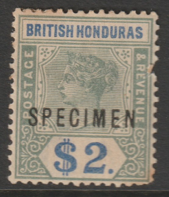 British Honduras 1891 QV Key Plate $2 green & ultramarine overprinted SPECIMEN with poor gum but only about 750 produced SG 64s, stamps on specimens