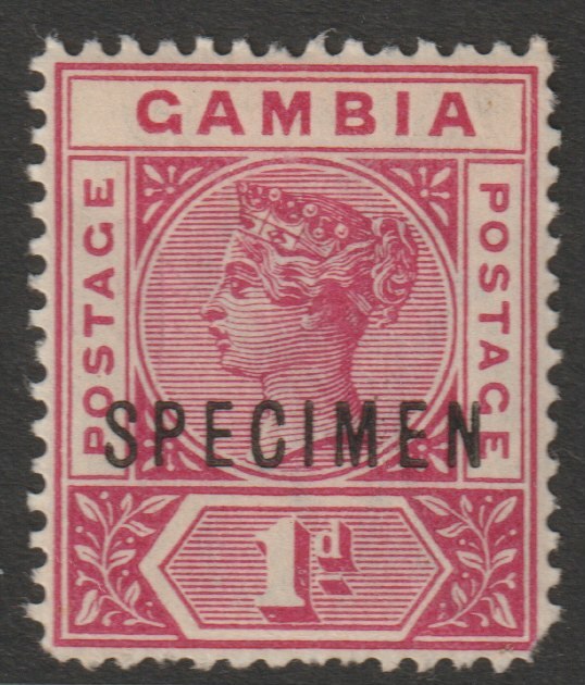 Gambia 1898 QV Key Plate 1d overprinted SPECIMEN with gum but short corner, only about 750 produced SG 38s, stamps on specimens