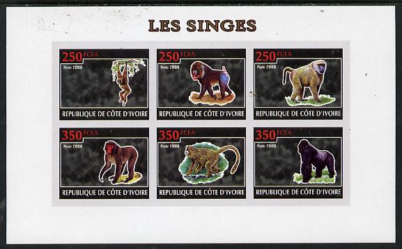 Ivory Coast 2009 Monkeys imperf sheetlet containing 6 values unmounted mint, stamps on animals, stamps on apes