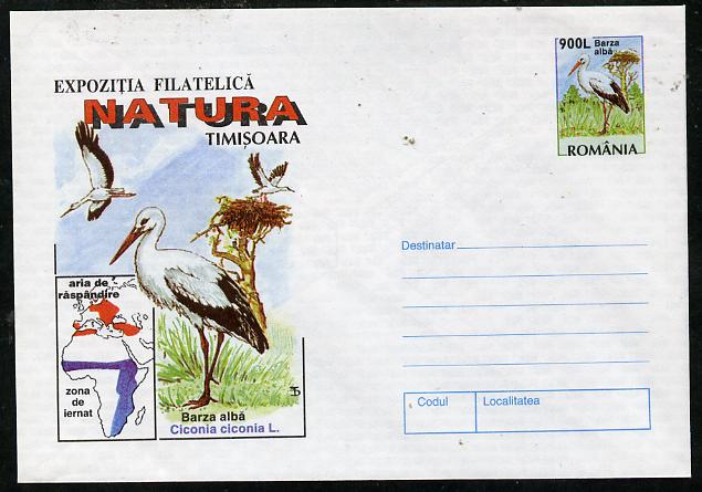 Rumania 1998 illustrated 900L postal stationery envelope featuring White Stork, superb unused condition, stamps on birds     storks