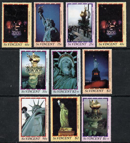 St Vincent 1986 Statue of Liberty Centenary set of 10 unmounted mint, SG 1034-43*, stamps on monuments, stamps on statues, stamps on americana, stamps on civil engineering, stamps on 