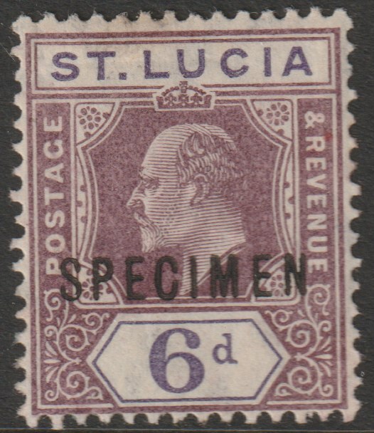 St Lucia 1904 KE7 MCA 6d overprinted SPECIMEN with gum but large hinge remainder, only about 750 produced SG 72s, stamps on specimens