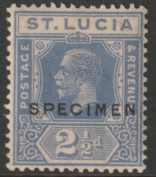 St Lucia 1921 KG5 Multiple Script 2.5d  blue overprinted SPECIMEN with gum, only about 400 produced SG 98s, stamps on specimens