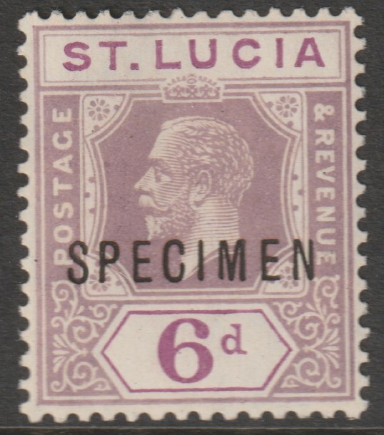 St Lucia 1912-21 KG5 watermark ?? 6d overprinted SPECIMEN with gum, only about 400 produced, stamps on specimens