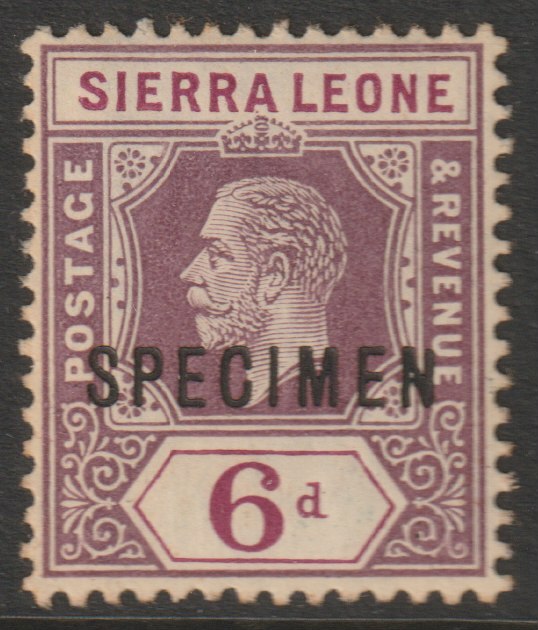 Sierra Leone 1912-21 KG5  Key Plate watermark ?? 6d overprinted SPECIMEN with gum, only about 400 produced, stamps on specimens