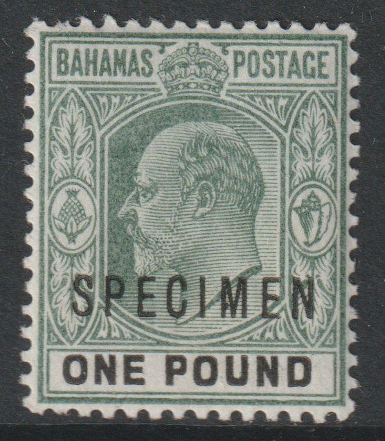Bahamas 1902 KE7 Â£1 overprinted SPECIMEN with Spur on M variety (Occurs in positions 5, 23, 53 & 59) with gum, stamps on specimens