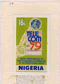 Nigeria 1979 International Radio Committee - original hand-painted artwork for 18k value (Telephone, Telecom Stamp & Globe) by Austin Ogo Onwudimegwu on card 4 x 7 endorsed C4 with typed note explaining the significance of the design, stamps on radio   communications   stamp on stamp    telephones, stamps on stamponstamp