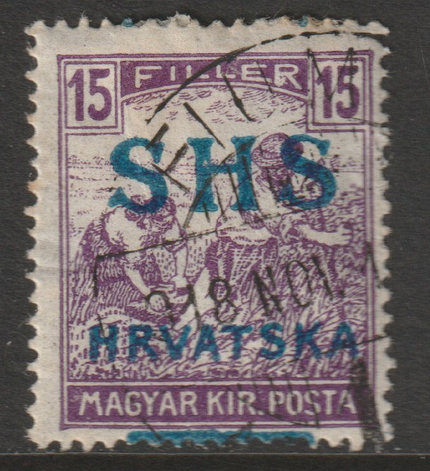 Yugoslavia - Croatia 1918 Harvesters 15f with Hrvatska SHS opt misplaced (bar omitted) fine used SG 61var, stamps on agriulture, stamps on farming