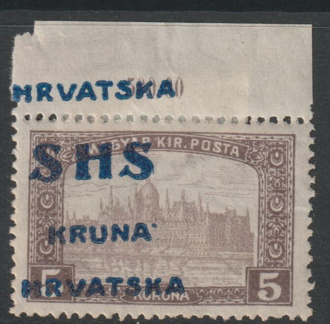 Yugoslavia - Croatia 1918 Parliament 5k with overprint misplaced, mounted mint SG 72var, stamps on parliament, stamps on buildings, stamps on constitutions
