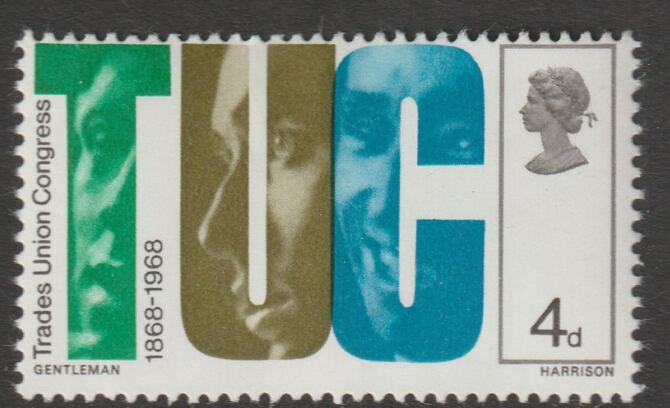 Great Britain 1968 Anniversaries 4d TUC single with shift of blue so U and C are touching, unmounted mint, stamps on 