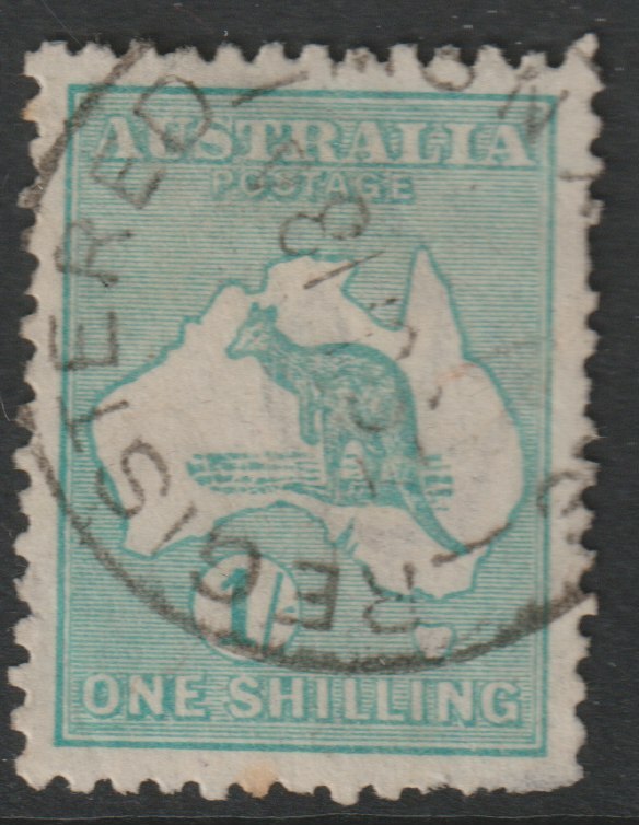 Australia 1913 Roo 1s emerald good used but nibbled perfs, SG11, stamps on kangaroos, stamps on maps