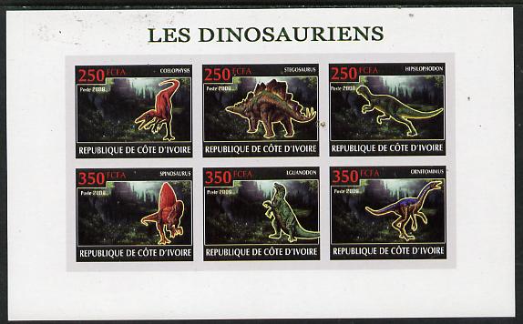 Ivory Coast 2009 Dinosaurs imperf sheetlet containing 6 values unmounted mint, stamps on dinosaurs