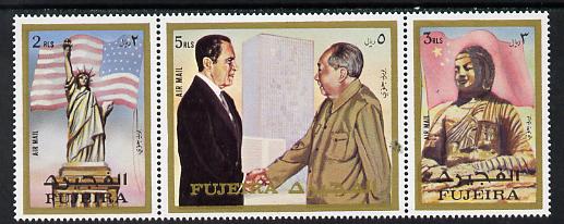 Fujeira 1972 Pres Nixon's visit to China strip of 3 unmounted mint (Mi 1099-1101A) , stamps on constitutions   personalities    statues   flags    usa-presidents