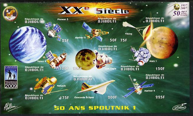 Djibouti 2009 50th Anniversary of Sputnik #01 imperf sheetlet containing 9 values unmounted mint, stamps on space, stamps on sputnik, stamps on satellites, stamps on aviation, stamps on concorde, stamps on planets, stamps on 