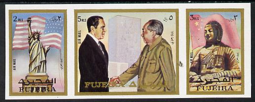 Fujeira 1972 Pres Nixons visit to China imperf strip of 3 unmounted mint (Mi 1099-1101B) , stamps on constitutions  personalities    statues    flags    usa-presidents