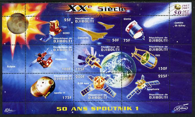 Djibouti 2009 50th Anniversary of Sputnik #02 perf sheetlet containing 9 values unmounted mint, stamps on space, stamps on sputnik, stamps on satellites, stamps on aviation, stamps on concorde, stamps on planets, stamps on 