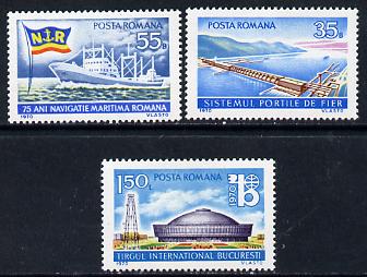 Rumania 1970 National Events set of 3 (Dam, Exhibition Hall, Freighter & Flag) unmounted mint, SG 3745-47, Mi 2864-66, stamps on dams, stamps on civil engineering, stamps on buildings, stamps on ships, stamps on flags, stamps on irrigation